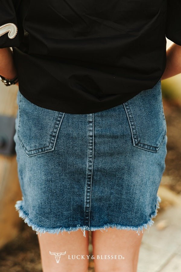 Nashville High-Rise Raw Hem Western Denim Skirt